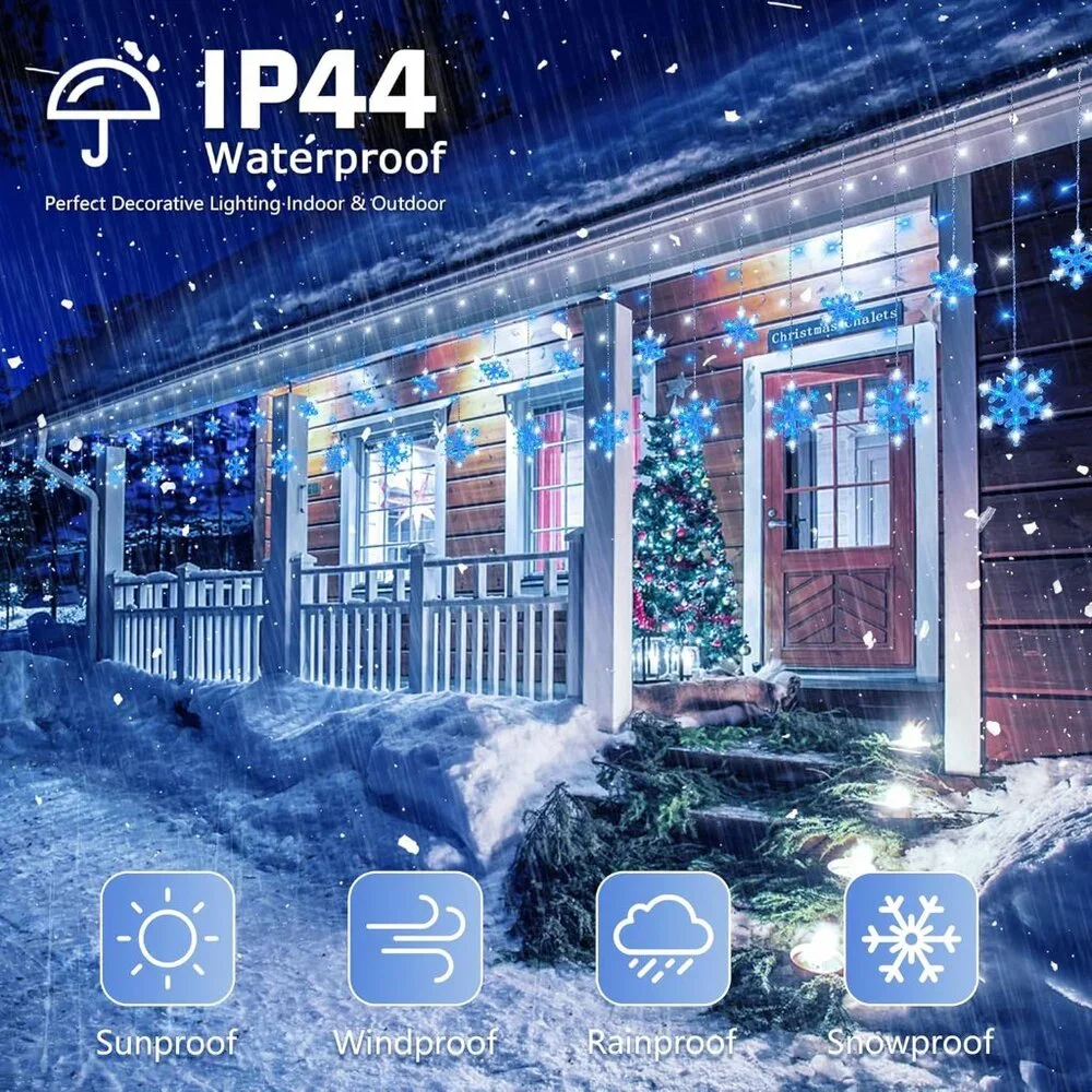 Elegant 6.5ft Christmas Snowflake Icicle Lights - 144LEDs, 12 Drops, Waterproof